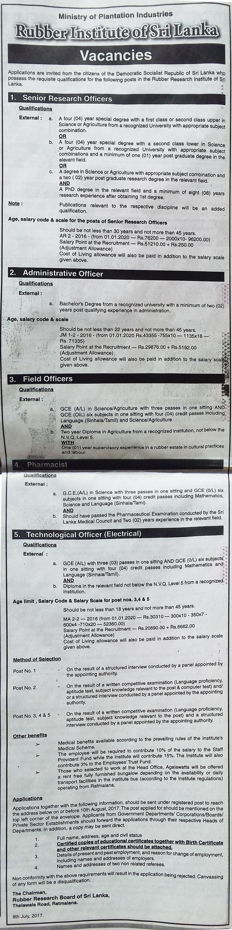 Senior Research Officer, Administrative Officer, Field Officer, Pharmacist, Technological Officer (Electrical) - Rubber Institute of Sri Lanka